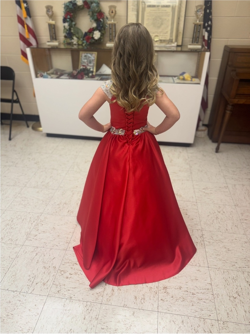 Red Satin Girls' Formal Gown with Embellished Belt and Cap Sleeves - Picture 2 of 7